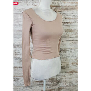 Topshop Beige Lettuce Edge Long Sleeve Cotton Top Size 8 T-shirt Casual Nude NEW